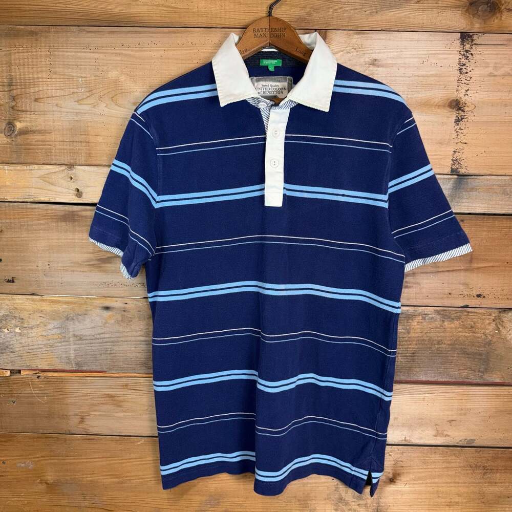 United Colors of Benetton Blue Striped Short Sleeve Rugby Polo Shirt Size L